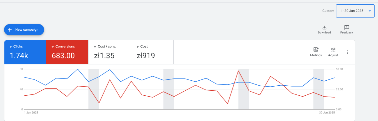 Indus Tandoor baseline June 2025 before Performo, 1.74k clicks and 683 conversions